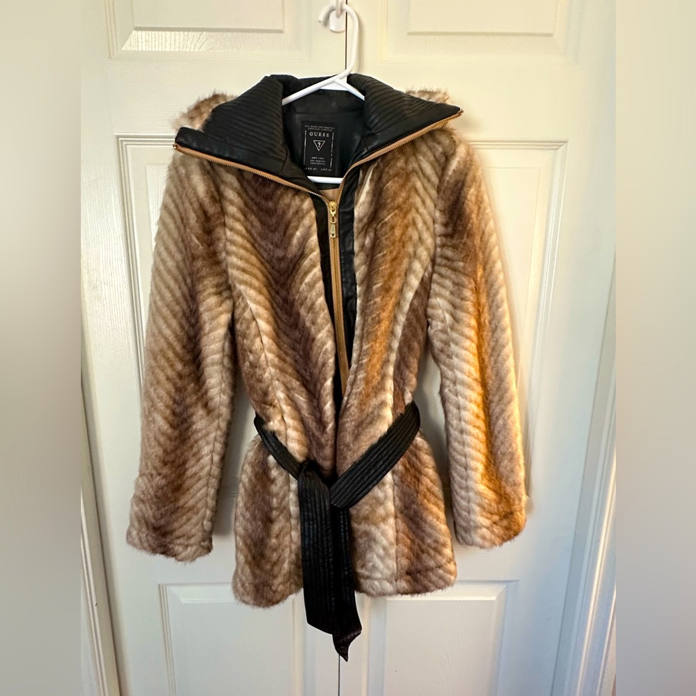 Guess Faux Fur Belted Jacket - Brown and Black